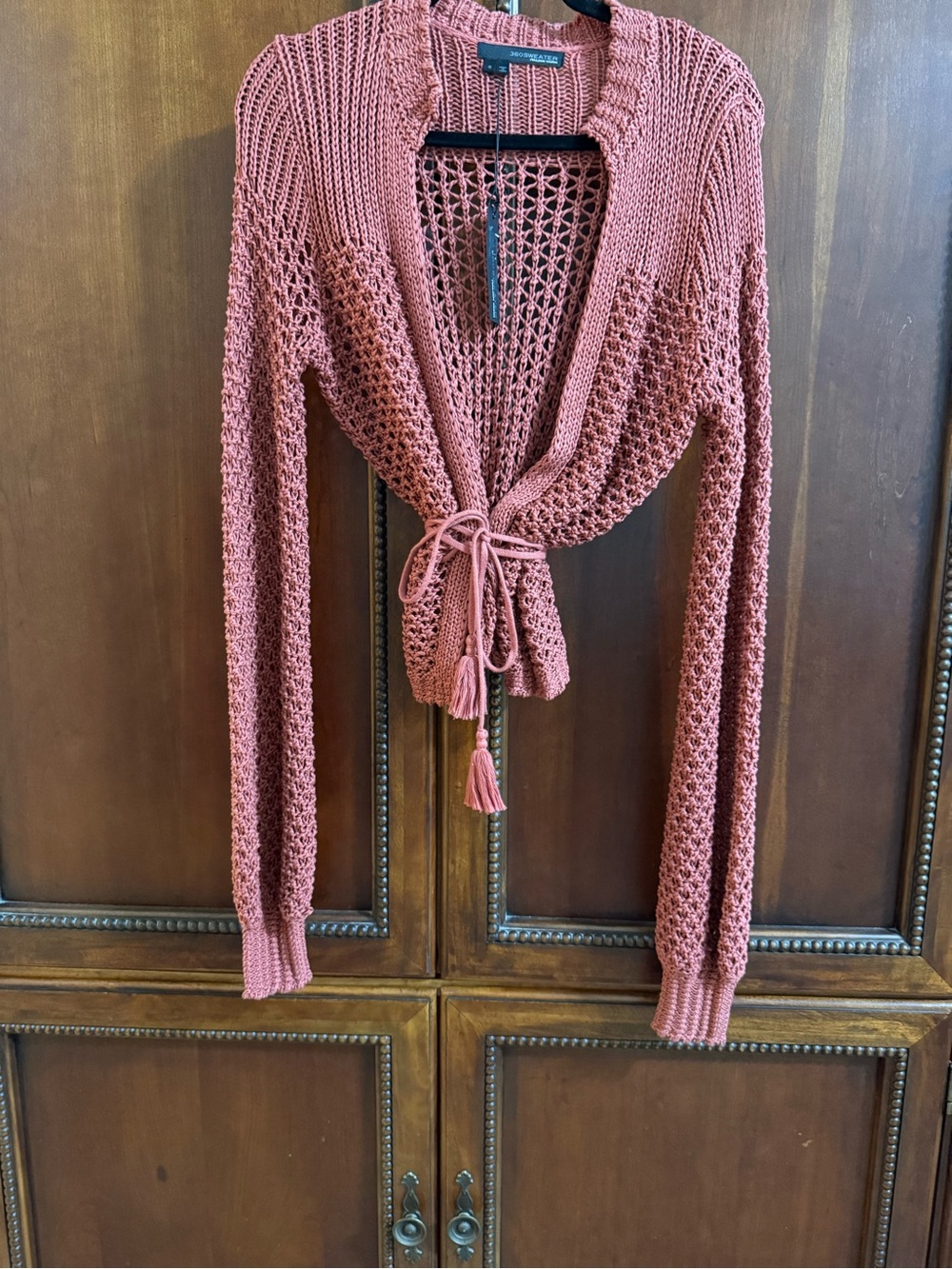 360 Sweater Open-Knit Tie-Front Cardigan in Dusty Rose